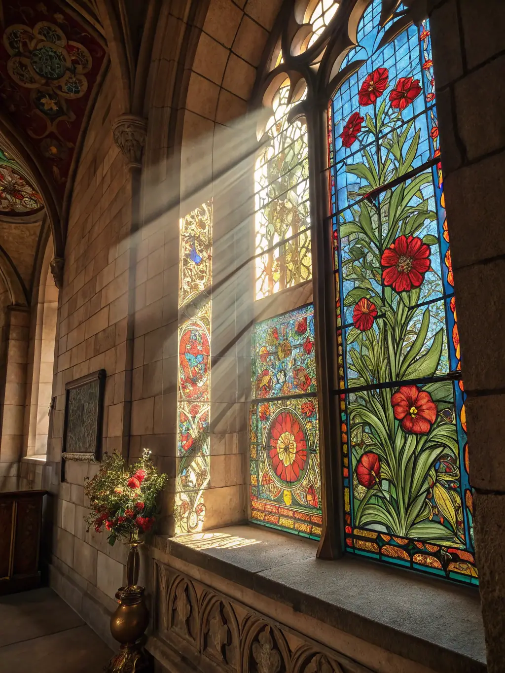 A serene image of a stained-glass window in a church, with sunlight streaming through, creating a peaceful and contemplative atmosphere.