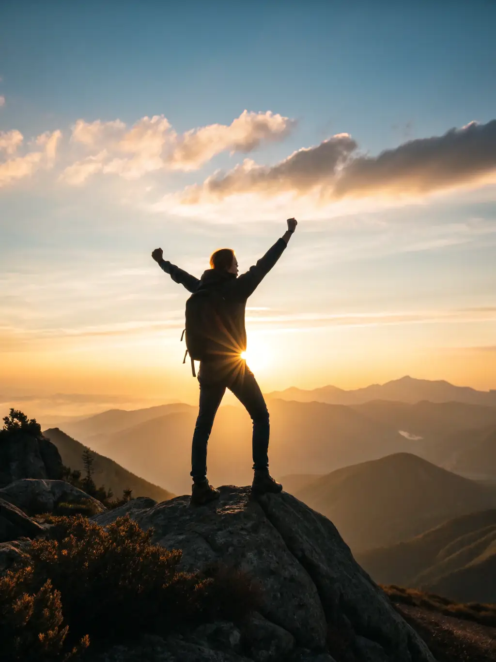 A person silhouetted against a vibrant sunrise, looking towards the horizon with a sense of hope and determination.