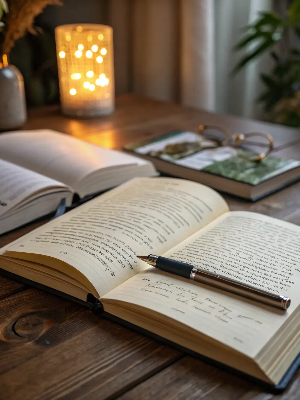 A close-up shot of a journal and pen on a wooden desk, with a cup of coffee and a small plant in the background, symbolizing personal growth and mindfulness.